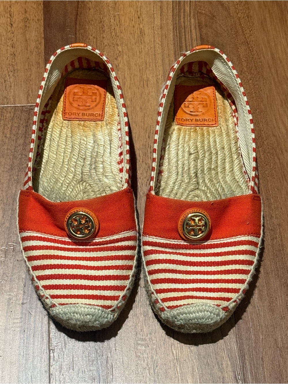 Tory Burch Orange and White Striped Canvas Espadrilles with Gold Logo